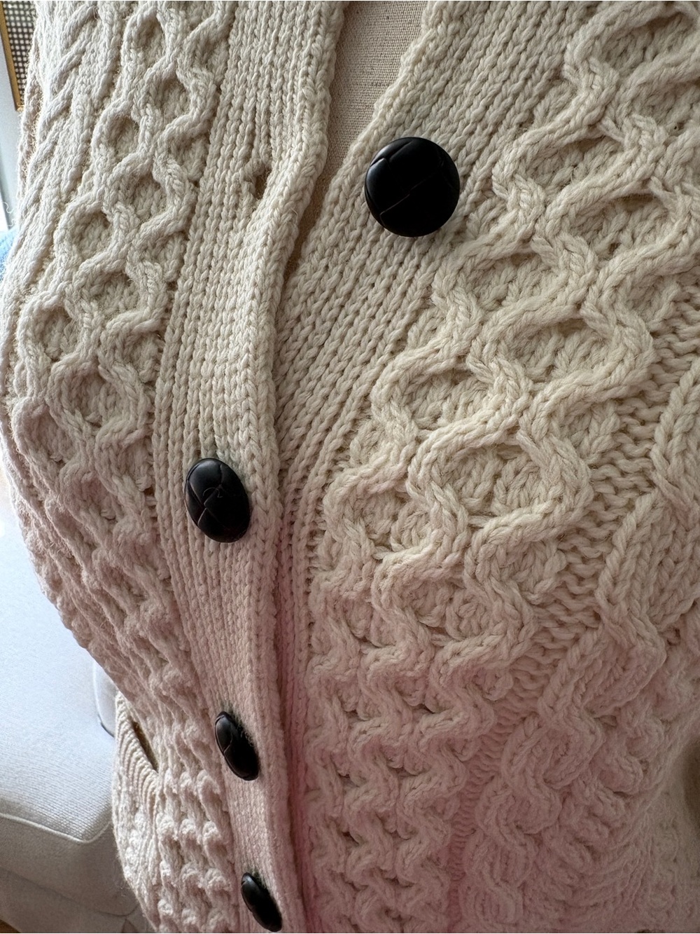 Aran Cream Cable Knit Merino Wool Sweater Cardigan - Picture 3 of 7
